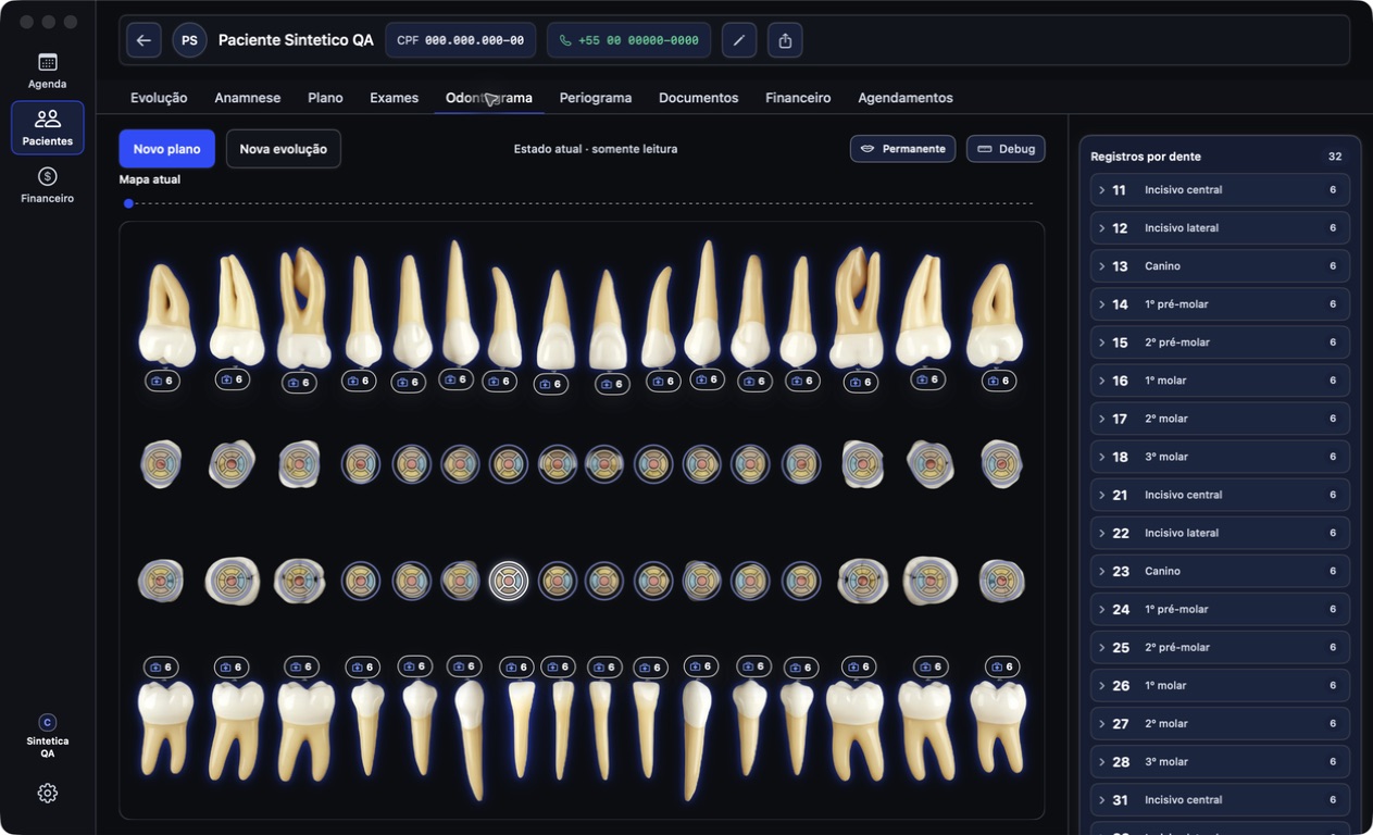 Janela inteira do Clínica: odontograma atual, navegação do prontuário e registros por dente, com dados fictícios